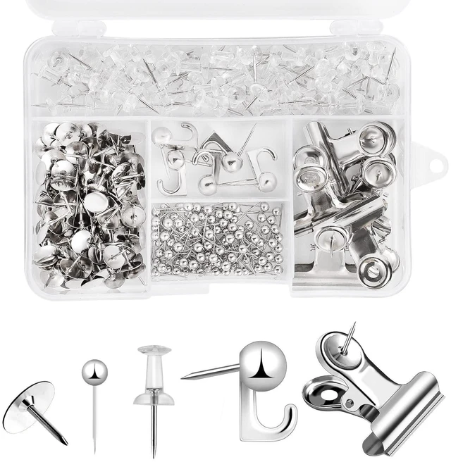 Main image of 310 Pcs Silver Push Pins Set, 5 Styles for Cork Board, Office, Home Plastic & Metal; Reusable 5-Compartment Box; For Notes, Photos, Maps, Calendars; Office, School, Home Use