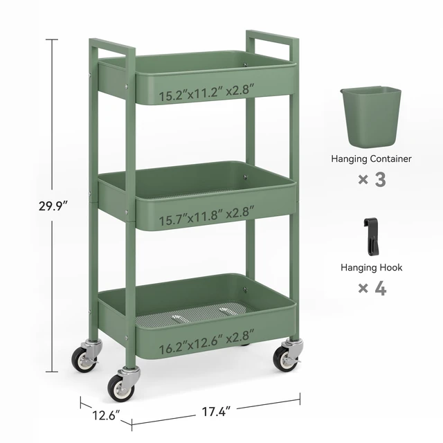 Alt view image 4 of 6 - 3 Tier Rolling Cart,Utility Cart with Locking Wheels, Hanging Cups,&Hooks, Heavy Duty Metal Storage Organizer Cart for Kitchen,Office, Bathroom,Craft Room,Green