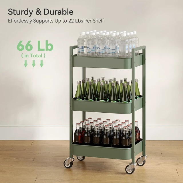 Alt view image 6 of 6 - 3 Tier Rolling Cart,Utility Cart with Locking Wheels, Hanging Cups,&Hooks, Heavy Duty Metal Storage Organizer Cart for Kitchen,Office, Bathroom,Craft Room,Green