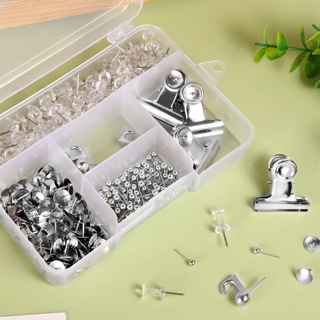 Alt view image 4 of 6 - 310 Pcs Silver Push Pins Set, 5 Styles for Cork Board, Office, Home Plastic & Metal; Reusable 5-Compartment Box; For Notes, Photos, Maps, Calendars; Office, School, Home Use