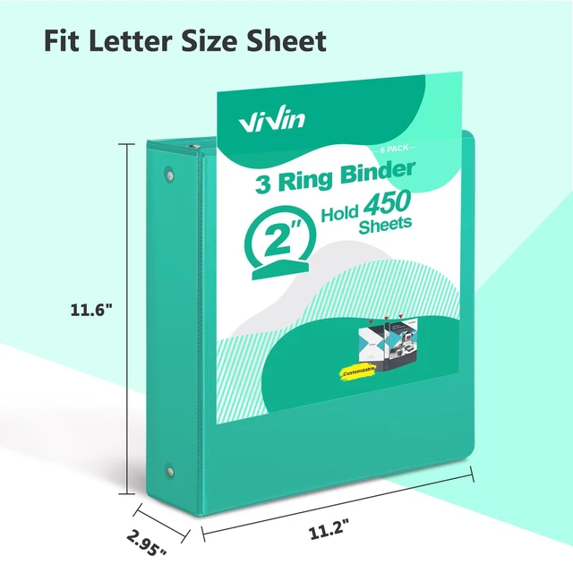 Alt view image 2 of 7 - 2 Inch Round Ring View Binder for Durability, 6 Pack (Lake Green) Standard 3 Ring Binder for 450 Sheets of US Letter Size Paper, PVC-Free, Clear Front Pocket, Office Home School Use