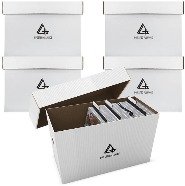 Main image of Premium Short Comic Book Storage Box Organizer with Lid | Thick Cardboard Comic Storage Box For Collectibles Fits 150-175 Current/Silver Age, Heavy Duty & Stackable