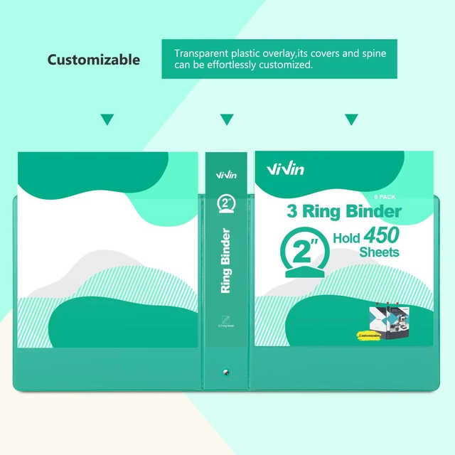 Alt view image 6 of 7 - 2 Inch Round Ring View Binder for Durability, 6 Pack (Lake Green) Standard 3 Ring Binder for 450 Sheets of US Letter Size Paper, PVC-Free, Clear Front Pocket, Office Home School Use