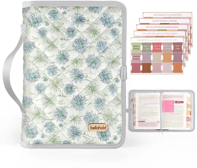 Main image of Adjustable Bible Cover with 75 Bible Tabs - Bible Cover Case for Women Waterproof, Washable Quilted Bible Cases for Women with Bible Accessories, Christian Bible Gifts for Women Mom (Daisy-XL)