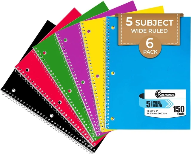 Main image of 6 Pack, 5 Subject Notebook Wide Ruled, 150 Sheets (300 Pages) No-Bleed Paper, 8 x 10-1/2", 5 Subject Spiral Notebook with Dividers, 150 Sheets, 3 Hole Punched, Spiral Notebooks for School