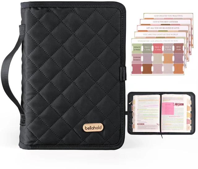 Main image of Adjustable Bible Cover with 75 Bible Tabs - Bible Cover Case for Women Waterproof, Washable Quilted Bible Cases for Women with Bible Accessories, Christian Bible Gifts for Women Mom (Black, XL)