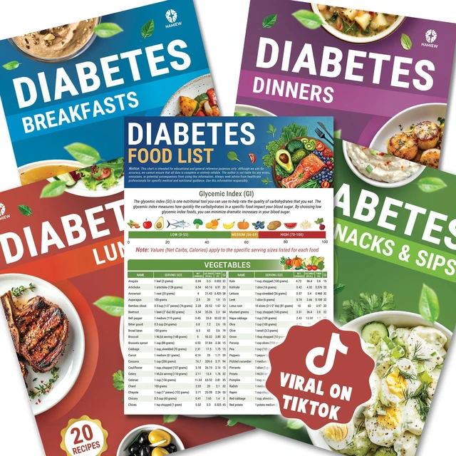 Main image of Diabetes Food List & Meal Planner, 5 Pack with GI Chart 80+ Recipes Stop Guessing What to Eat, Diabetic Cookbooks for Prediabetes Type 1 & 2, Glycemic Index (GI) Guide, A1C Chart, Serving Size