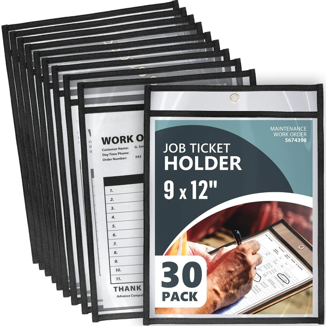 Main image of 30 Pack Job Ticket Holders 9x12 Heavy Duty - Automotive Work Order Plastic Sleeves - Clear Shop Ticket Holders - Repair Order Sleeves - Plastic Sleeve for Paper - Dry Erase Pockets - Work Order Folder