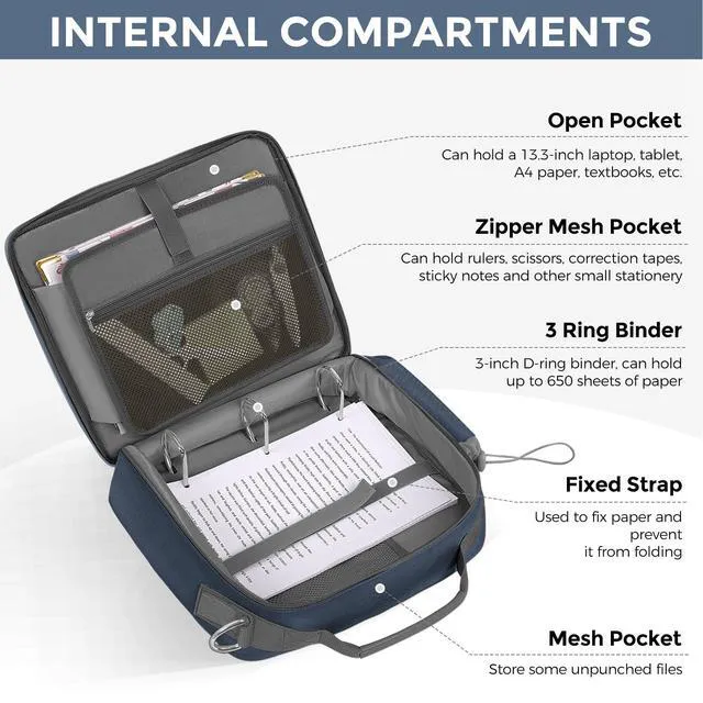 Alt view image 3 of 7 - 3 Inch 3 Ring Zipper Binder with Shoulder Strap & Handle, 650-Sheet Capacity Zip Up Binder for School, Multi Pocket Organizer for Students & Office Workers, Blue