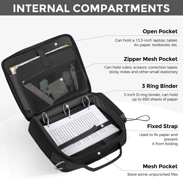Alt view image 3 of 7 - 3 Inch 3 Ring Zipper Binder with Shoulder Strap & Handle, 650-Sheet Capacity Zip Up Binder for School, Multi Pocket Organizer for Students & Office Workers, Black
