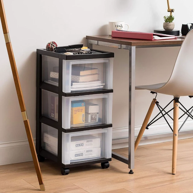 Alt view image 2 of 7 - 3-Drawer Rolling Storage Cart, Black/Clear Keep classroom supplies, teacher essentials, craft materials, and learning tools organized with easy-access drawers