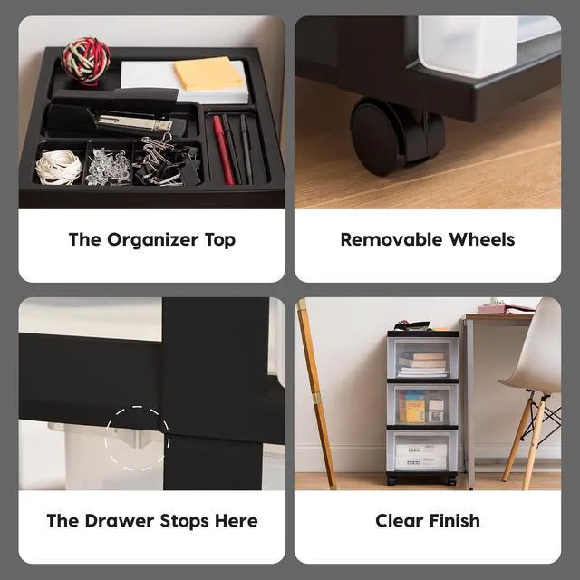 Alt view image 5 of 7 - 3-Drawer Rolling Storage Cart, Black/Clear Keep classroom supplies, teacher essentials, craft materials, and learning tools organized with easy-access drawers