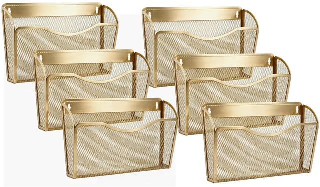 Main image of Mesh Hanging Wall File Holders, Metal Vertical Wall Basket Mail Organizer for Office/Home (Gold, 6 Pack Wall Mounted)