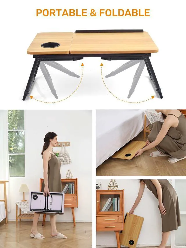 Alt view image 4 of 7 - Lap Desk for Couch/Sofa/Floor, 5-Angle Adjustable Bed Desk with Foldable Legs &Cup Holder, Light Weight Bed Tray Table for Writing/Eating/Reading, Portable Laptop Stand for Adults, Kids