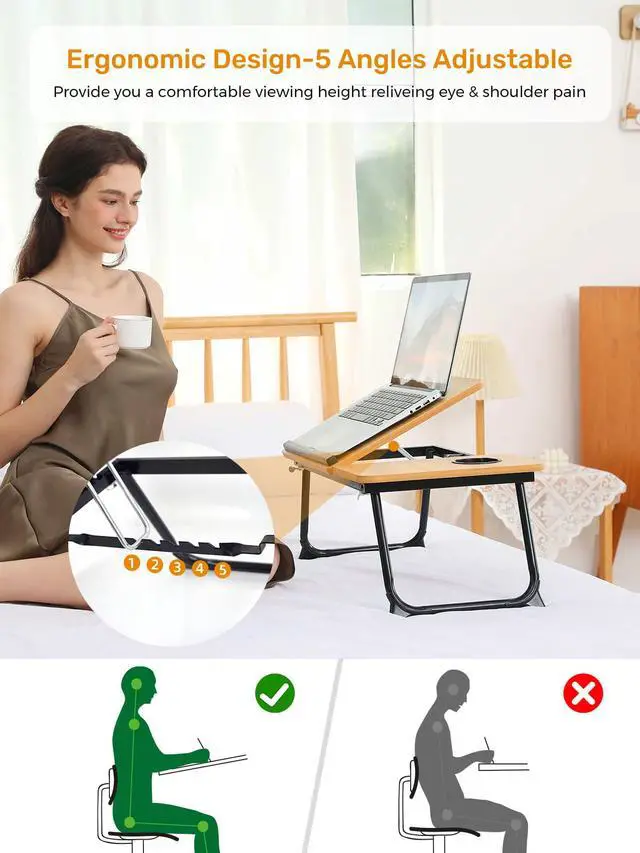 Alt view image 2 of 7 - Lap Desk for Couch/Sofa/Floor, 5-Angle Adjustable Bed Desk with Foldable Legs &Cup Holder, Light Weight Bed Tray Table for Writing/Eating/Reading, Portable Laptop Stand for Adults, Kids