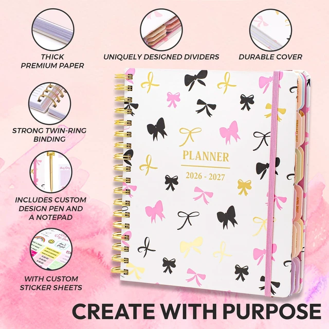 Alt view image 2 of 7 - Academic 18-Month Planner 10" x 10" Aug 2026-Jan 2028, Bows Hard Cover Planner/Calendar with Daily, Weekly & Monthly Layouts, plus Pens, Stickers & Sticky Notes Included