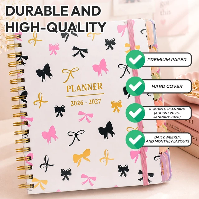 Alt view image 4 of 7 - Academic 18-Month Planner 10" x 10" Aug 2026-Jan 2028, Bows Hard Cover Planner/Calendar with Daily, Weekly & Monthly Layouts, plus Pens, Stickers & Sticky Notes Included