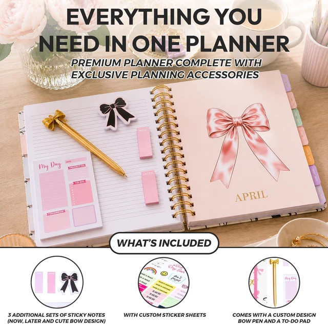 Alt view image 6 of 7 - Academic 18-Month Planner 10" x 10" Aug 2026-Jan 2028, Bows Hard Cover Planner/Calendar with Daily, Weekly & Monthly Layouts, plus Pens, Stickers & Sticky Notes Included