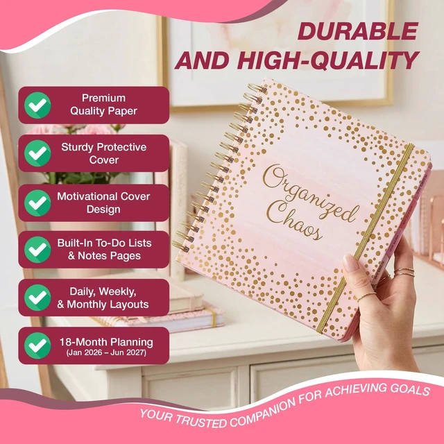 Alt view image 4 of 7 - Academic 18-Month Planner Aug 2026-Jan 2028, Organized Chaos Hard Cover Planner/Calendar with Daily, Weekly & Monthly Layouts, plus Pens, Stickers & Sticky Notes Included