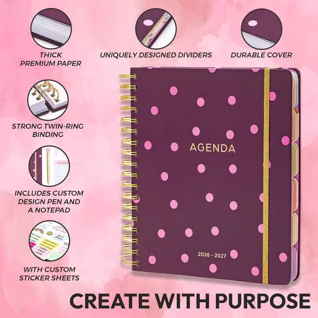 Alt view image 2 of 7 - Academic 18-Month Planner 10" x 10" Aug 2026-Jan 2028, Pink Dots Hard Cover Planner/Calendar with Daily, Weekly & Monthly Layouts, plus Pens, Stickers & Sticky Notes Included