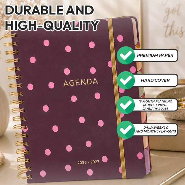 Alt view image 4 of 7 - Academic 18-Month Planner 10" x 10" Aug 2026-Jan 2028, Pink Dots Hard Cover Planner/Calendar with Daily, Weekly & Monthly Layouts, plus Pens, Stickers & Sticky Notes Included