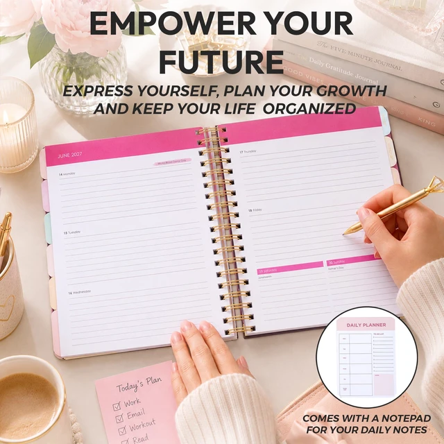 Alt view image 7 of 7 - Academic 18-Month Planner 10" x 10" Aug 2026-Jan 2028, Pink Dots Hard Cover Planner/Calendar with Daily, Weekly & Monthly Layouts, plus Pens, Stickers & Sticky Notes Included