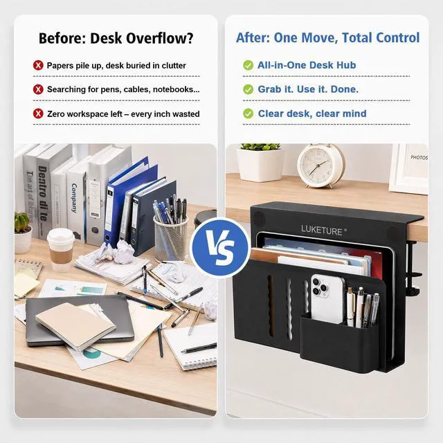 Alt view image 3 of 7 - Desk Side Storage, Steel Side Desk Organizer, No Drill Laptop Holder, Clamp on Laptop Mount with Pen Holder, Table Hanging Storage for Home Office, Fits Flat Edge Tables 0.3" to 2.8"