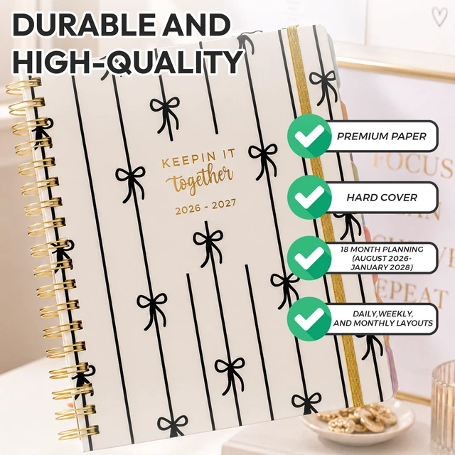 Alt view image 4 of 7 - Academic 18-Month Planner 10" x 10" Aug 2026-Jan 2028, Black Bows Hard Cover Planner/Calendar with Daily, Weekly & Monthly Layouts, plus Pens, Stickers & Sticky Notes Included