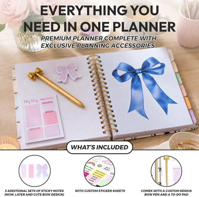 Alt view image 6 of 7 - Academic 18-Month Planner 10" x 10" Aug 2026-Jan 2028, Black Bows Hard Cover Planner/Calendar with Daily, Weekly & Monthly Layouts, plus Pens, Stickers & Sticky Notes Included