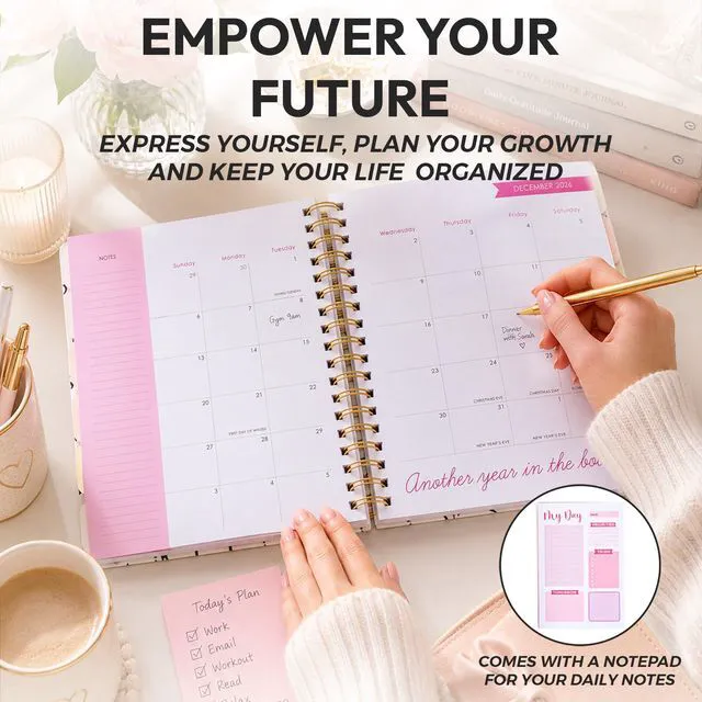 Alt view image 7 of 7 - Academic 18-Month Planner 10" x 10" Aug 2026-Jan 2028, Black Bows Hard Cover Planner/Calendar with Daily, Weekly & Monthly Layouts, plus Pens, Stickers & Sticky Notes Included
