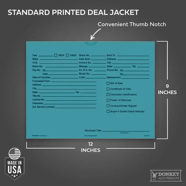 Alt view image 2 of 7 - Printed Vehicle Deal Envelopes 9x12 Deal Jackets (100 shrink wrapped) (Teal)