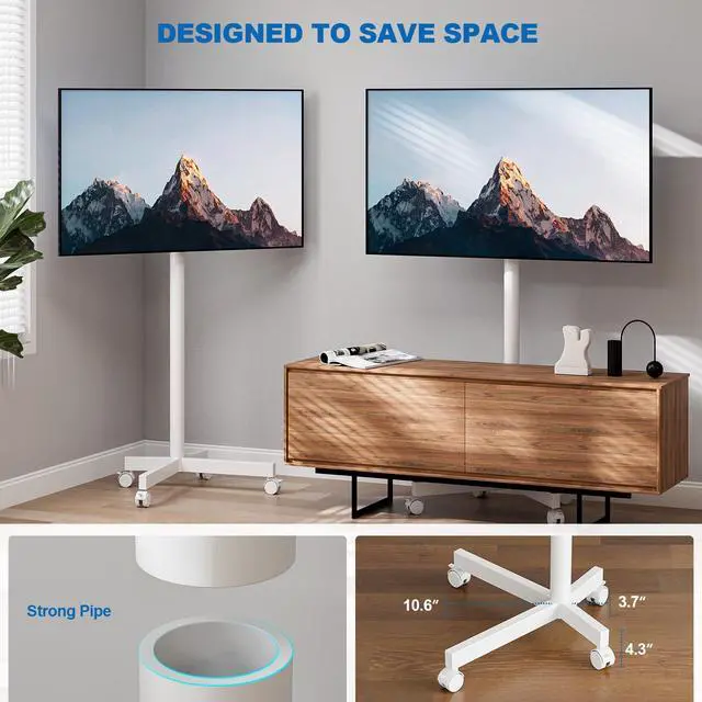 Alt view image 3 of 7 - Mobile TV Cart Rolling TV Stand for 23-65 Inch Screen Outdoor TVs up to 110lbs, Height Adjustable Portable AV Cart with Wheels and Tilt Mount, Outdoor TV Stand Mount, Max VESA 400x400mm, White