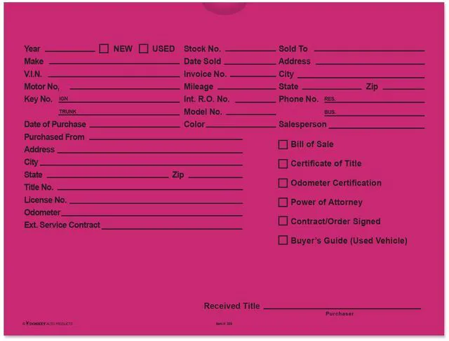 Main image of Printed Vehicle Deal Envelopes 9x12 Deal Jackets (100 shrink wrapped) (Fuchsia)