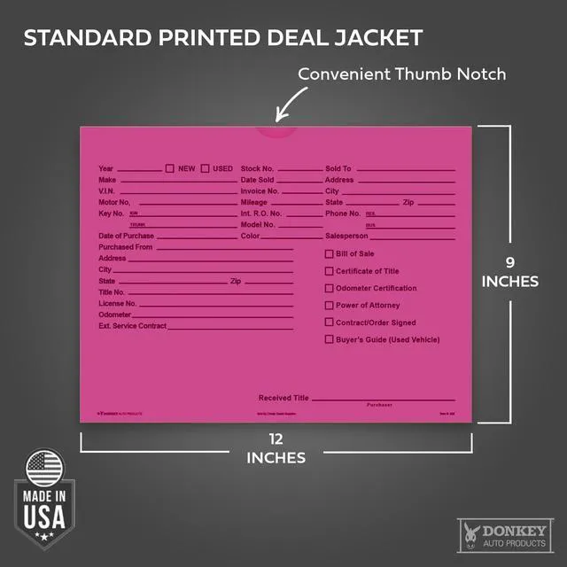 Alt view image 2 of 7 - Printed Vehicle Deal Envelopes 9x12 Deal Jackets (100 shrink wrapped) (Fuchsia)