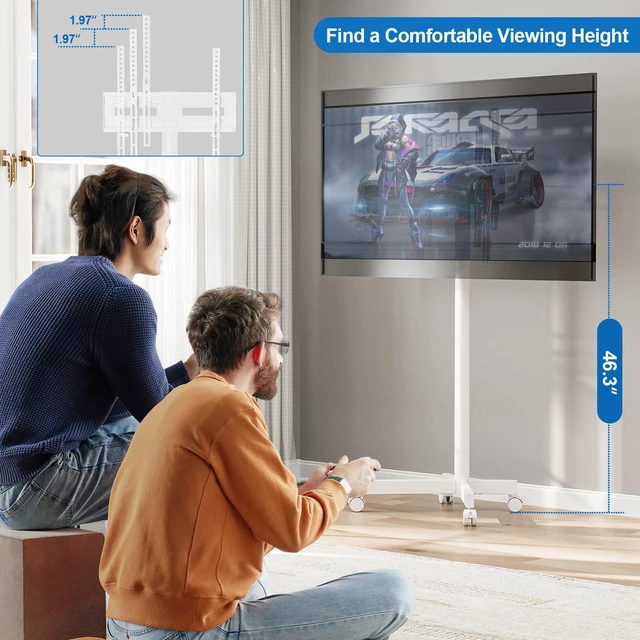 Alt view image 5 of 7 - Mobile TV Cart Rolling TV Stand for 23-65 Inch Screen Outdoor TVs up to 110lbs, Height Adjustable Portable AV Cart with Wheels and Tilt Mount, Outdoor TV Stand Mount, Max VESA 400x400mm, White