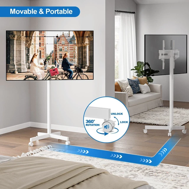 Alt view image 6 of 7 - Mobile TV Cart Rolling TV Stand for 23-65 Inch Screen Outdoor TVs up to 110lbs, Height Adjustable Portable AV Cart with Wheels and Tilt Mount, Outdoor TV Stand Mount, Max VESA 400x400mm, White