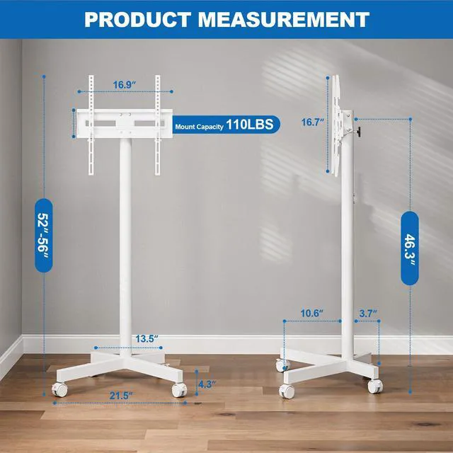 Alt view image 7 of 7 - Mobile TV Cart Rolling TV Stand for 23-65 Inch Screen Outdoor TVs up to 110lbs, Height Adjustable Portable AV Cart with Wheels and Tilt Mount, Outdoor TV Stand Mount, Max VESA 400x400mm, White