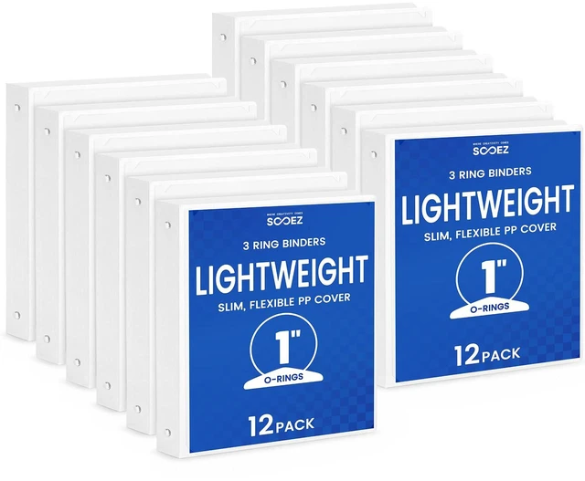 Main image of 1 Inch 3 Ring Binder 12 Pack, White Round Ring Binders with Customizable Front & Back Covers, 2 Interior Pockets, Holds 175 Sheets, Lightweight Binders for School Office Home