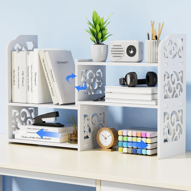 Main image of Adjustable Desktop Shelf Organizer, 3-Tier Desk Shelf, White Pattern Expandable Width Design, 3-Tier Storage, Cloud Pattern Style, Lightweight PVC Build, Ideal for Office & Dorm