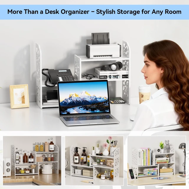 Alt view image 7 of 7 - Adjustable Desktop Shelf Organizer, 3-Tier Desk Shelf, White Pattern Expandable Width Design, 3-Tier Storage, Cloud Pattern Style, Lightweight PVC Build, Ideal for Office & Dorm