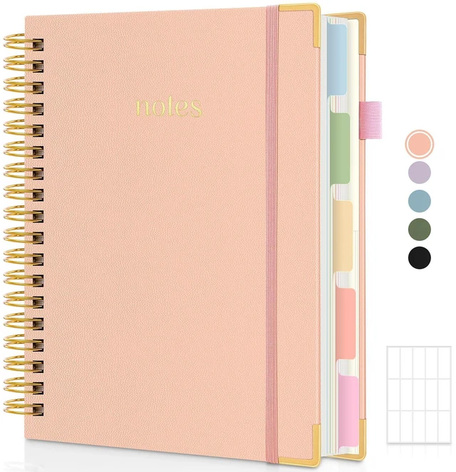 Main image of 5 Subject Notebook with Dividers and Tabs, 8" x 10" College Ruled Notebook for Work, 300 Pages Spiral Journal for Women, Pink