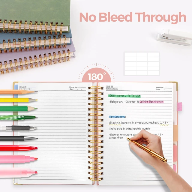 Alt view image 7 of 7 - 5 Subject Notebook with Dividers and Tabs, 8" x 10" College Ruled Notebook for Work, 300 Pages Spiral Journal for Women, Pink