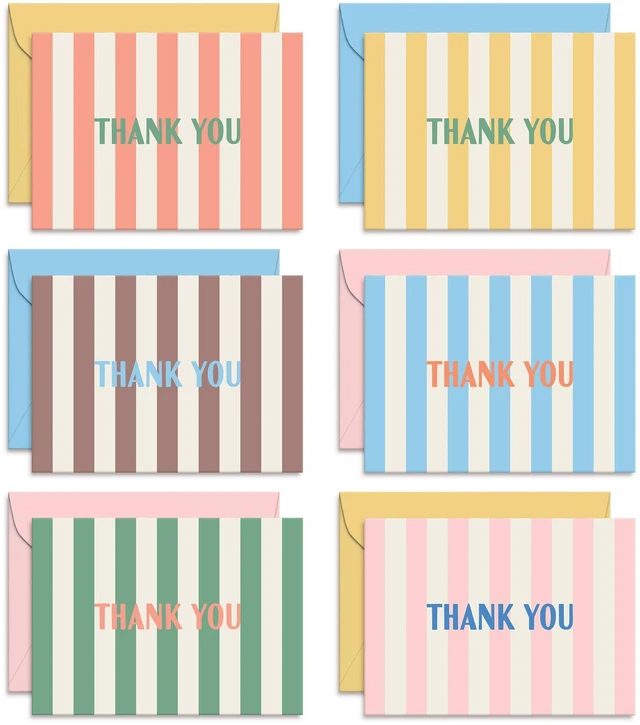 Main image of Summer Stripes Thank You Cards Set of 24 Blank Cards with Envelopes 6 Colorful Designs (4 of Each) 4x5.5 Flat Note Cards Pastel Pink, Blue & Yellow Envelopes Thick Paper