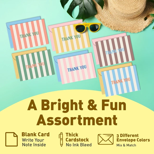 Alt view image 4 of 7 - Summer Stripes Thank You Cards Set of 24 Blank Cards with Envelopes 6 Colorful Designs (4 of Each) 4x5.5 Flat Note Cards Pastel Pink, Blue & Yellow Envelopes Thick Paper