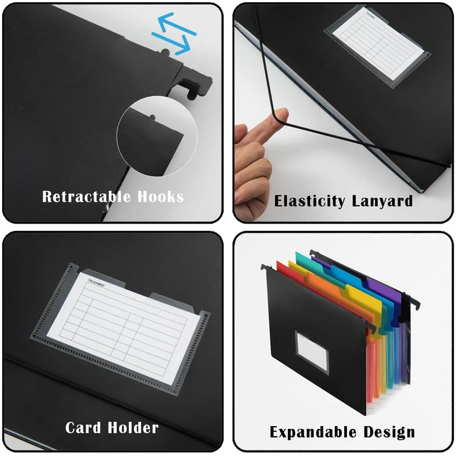 Alt view image 3 of 7 - 7-Pockets Hanging File Folder with Retractable Hooks for Filing Cabinet, Letter Size Expandable Accordion File Organizer with Elastic Band for File Frame or On-The-Go Use (6 Pack)