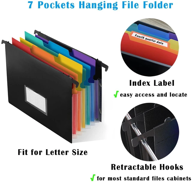 Alt view image 4 of 7 - 7-Pockets Hanging File Folder with Retractable Hooks for Filing Cabinet, Letter Size Expandable Accordion File Organizer with Elastic Band for File Frame or On-The-Go Use (6 Pack)