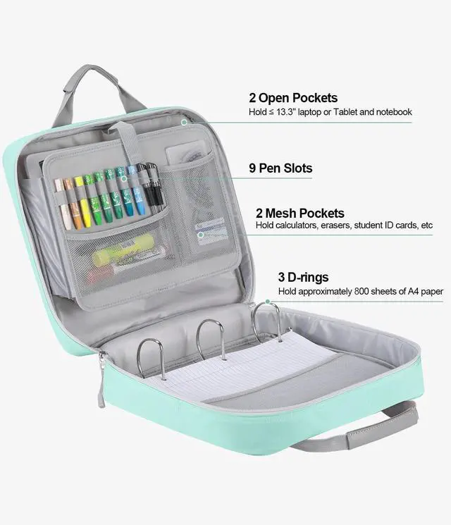 Alt view image 2 of 7 - 4 Inch Zipper Binder 3 Ring with Shoulder Strap,Tough/Multi-Pocket Binder Bag with Laptop organizer for School Travel,Fit 13" MacBook & Tablet,800 Sheets Capacity,Water Resistant,Light Blue