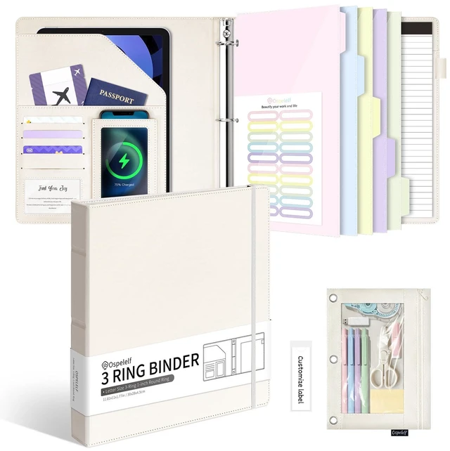 Main image of Leather 3 Ring Binder for Letter Size Documents with Pocketed Dividers, 1 Inch Round Rings, Holds 175 Sheets, Binders with Storage Bag & Notepad, for Office School Home Organization, White