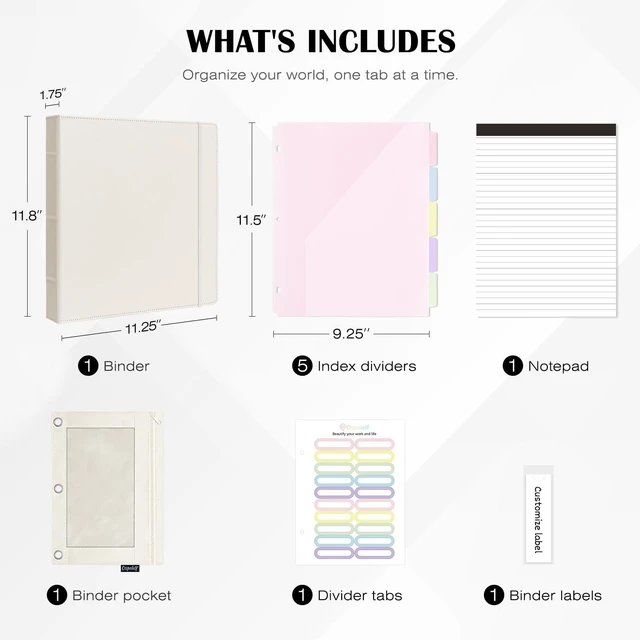 Alt view image 3 of 7 - Leather 3 Ring Binder for Letter Size Documents with Pocketed Dividers, 1 Inch Round Rings, Holds 175 Sheets, Binders with Storage Bag & Notepad, for Office School Home Organization, White