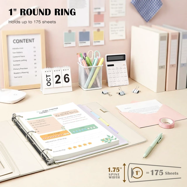 Alt view image 2 of 7 - Leather 3 Ring Binder for Letter Size Documents with Pocketed Dividers, 1 Inch Round Rings, Holds 175 Sheets, Binders with Storage Bag & Notepad, for Office School Home Organization, White